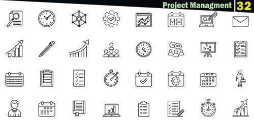 Black and white line art icons for project management and business icon set planning