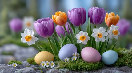 Colorful easter eggs with blooming spring flowers