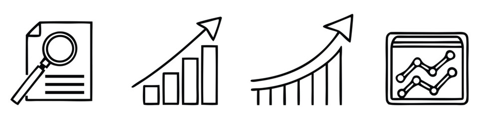 Black line icons of financial growth analysis and data charting graph