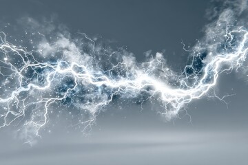 Abstract lightning strike effect over white background provides dramatic, energetic visuals with bright luminosity and intricate branching
