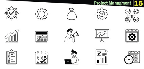 Collection of black and white project management icons on white background icon set