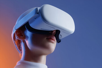 A person wearing a virtual reality headset, immersed in a digital experience, with eyes closed, enjoying the immersive tech