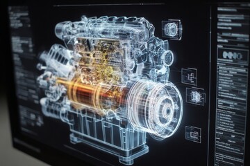 Close-up view of a rotating 3D model displaying a car engine on a computer screen, showcasing technical annotations and intricate design details in high resolution