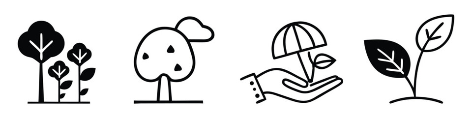 Four black and white icons of trees plants and hand holding sprout leaf