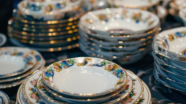 A stack of plates with flowers on them. There are many different sizes and shapes. Some are large and some are small