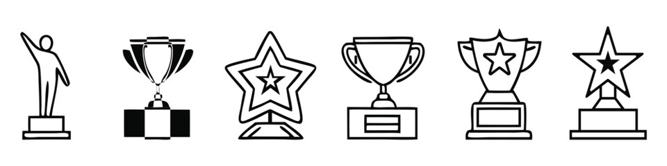 Set of six black and white trophy and award icons with a winner champion victory
