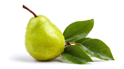 A fresh, ripe pear with vibrant green leaves, showcasing its natural beauty. The fruit glistens with subtle dew droplets