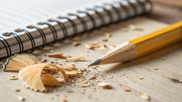 Sharpened yellow pencil with shavings next to spiral notebook on wooden desk, close-up
