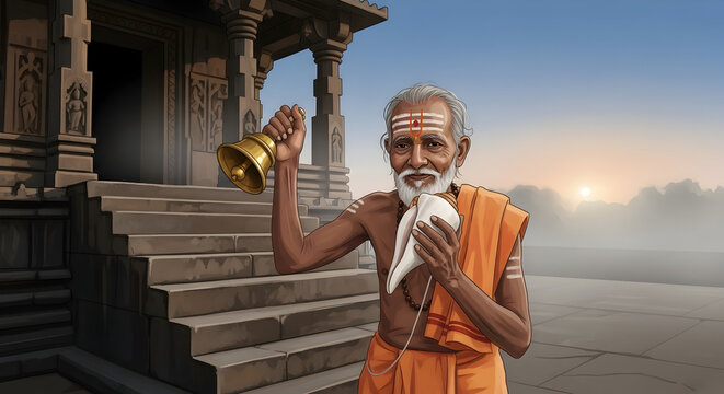 A hindu priest performing aarti with a ghanta bell and shankha conch