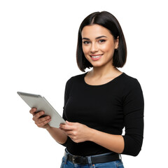 Smiling young woman with short dark hair wearing a black top and blue jeans holding a tablet device isolated on transparent background