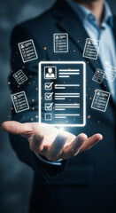Photo of a business professional presents a digital resume application with checklist for a job opportunity