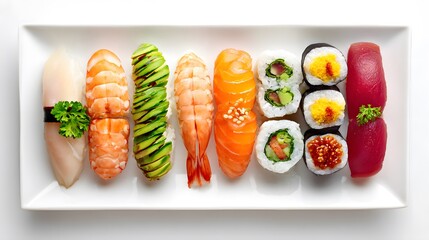 A vibrant array of sushi artfully arranged on a plate, enticing flavors and textures. It presents a culinary delight