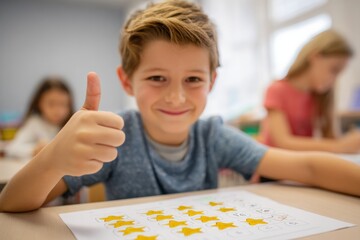 Close-up view captures a boy in a classroom, displaying a gold star sticker on his math worksheet with a joyful smile. Classmates are seen working in the background