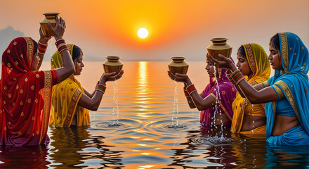 Devout hindu women celebrating the Chhath Puja festival at sunrise