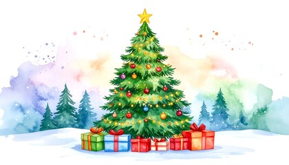 Fototapeta premium Watercolor christmas tree scene with presents.