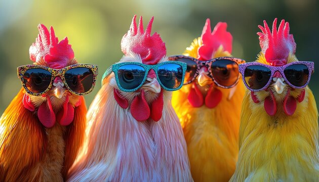A vibrant lineup of roosters sporting funky sunglasses, presenting a unique and humorous take on poultry fashion