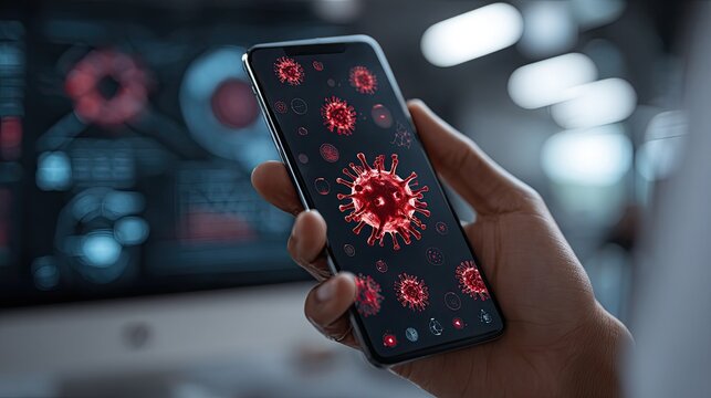 Person analyzing virus data on smartphone screen with futuristic dashboard displaying global health statistics and outbreak information