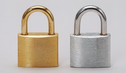 Naklejka premium Gold and Silver Padlocks Side by Side on White Background with Reflective Metal Surfaces