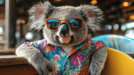 Koala in bright floral shirt and shades hanging by surfboards