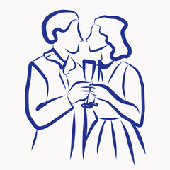 Ink Couple Portrait Outline Illustration. Line Art Silhouette Contour Drawing. Romantic Vacation Holiday Event Theme. Vintage Elegant Abstract Doodle Ink Illustration.