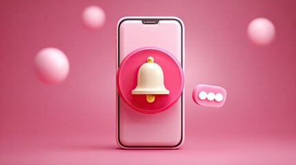 Get notified instantly with this vibrant 3D notification bell and message icon on a modern pink smartphone, perfect for app alerts and communication concepts.