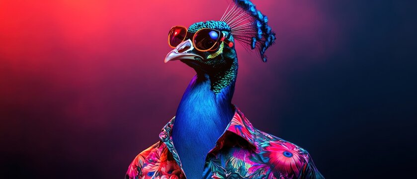 Peacock in flower shirt and sunglasses with peppy lights