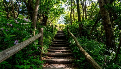 Obraz premium Wooden stairs ascend through lush forest foliage.