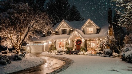 A beautiful house decorated with Christmas lights in a snowy winter landscape.