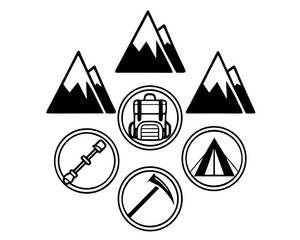 Mountain Hiking and Outdoor Adventure Icons Set