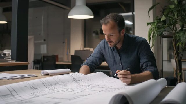 Architect reviews detailed building plans in modern office setting
