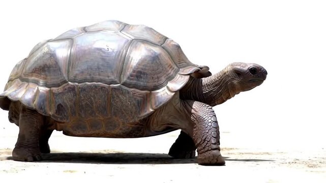 Tracking shot of a turtle slowly walking forward, pure white background,