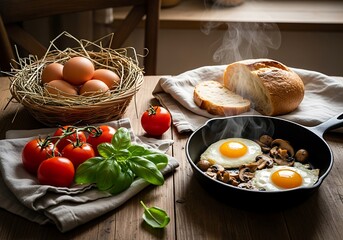 Photo of a hearty breakfast spread with fried eggs, fresh tomatoes, basil, and a crusty bread roll