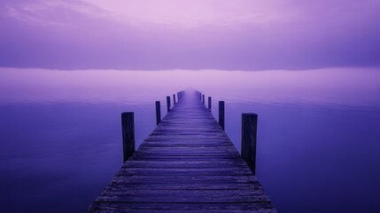 Obraz premium A serene wooden pier stretches into a misty, purple-hued lake, creating a tranquil and dreamlike atmosphere.