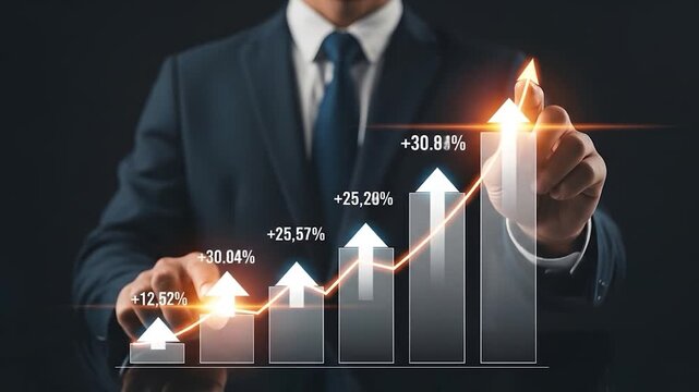 Exec touching bar graph in dark background showing financial growth, for investment success