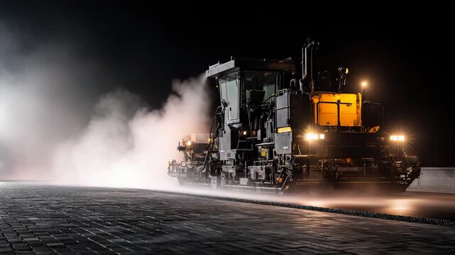 Nighttime roadway paving equipment in action at construction site