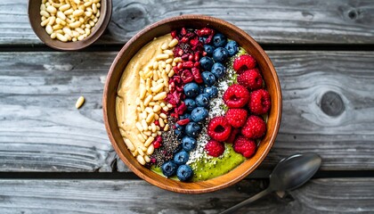 Colorful layered smoothie bowl with berries and nuts.