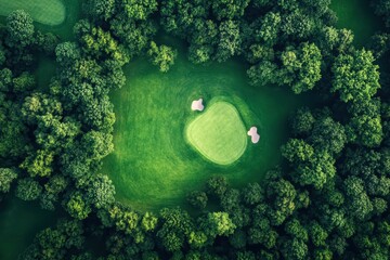 Aerial view of a lush golf course hole surrounded by dense green trees