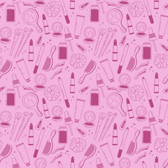 Seamless pink pattern with beauty accessories — lipstick, comb, brush, scrunchie, cream tube, mirror. Cute cosmetic background for fashion, makeup, and self-care themes.