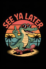 Skateboard Alligator, See Ya Later with Sunset Background, Fun and colorful cartoon alligator riding a skateboard under a vibrant sunset, perfect for surf-skate culture apparel.