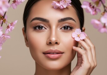 Fototapeta premium A beautiful woman with soft skin and pink flowers, a vision of springtime beauty.