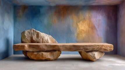 Massive stone slab bench with richly textured background