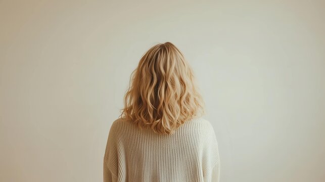 Close up rear view of person with golden wavy hair embodying tranquility and serenity
