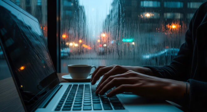 Person typing on laptop with coffee and city lights outside window - Powered by Adobe
