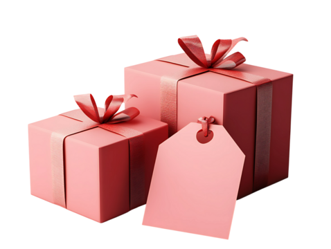 Two pink gift boxes with red ribbons isolated on transparent background - Powered by Adobe