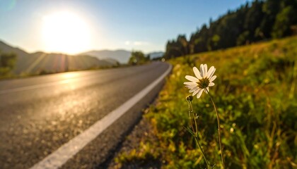 Fototapeta premium Single white flower by a country road at sunset.