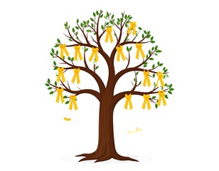 A tree adorned with many yellow ribbons