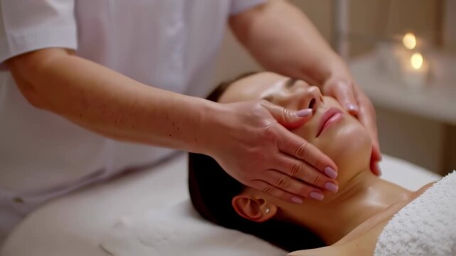 A cosmetologist's hands gently massage the face of a young woman lying on a white bed in a tranquil spa setting, promoting relaxation and skincare.