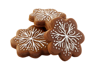 Three snowflake gingerbread cookies isolated on transparent background