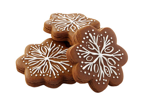 Three snowflake gingerbread cookies isolated on transparent background