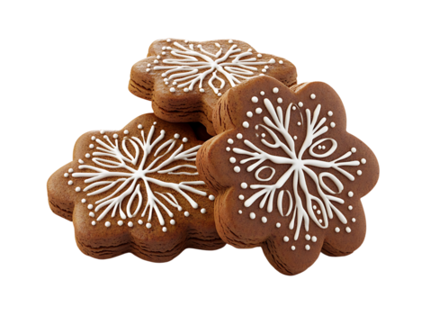 Three snowflake gingerbread cookies isolated on transparent background